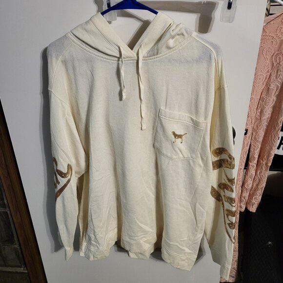 PINK Victoria's Secret Tops - WOMANS CREAM COLORED PINK VICTORIAS SECRET GOLD SEQUIN HOODIE SZ L